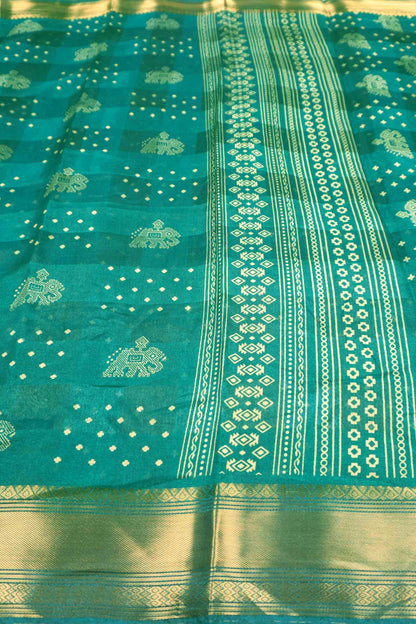 Green Elephant Prints Self Checks Zari Border Fancy Cotton Saree