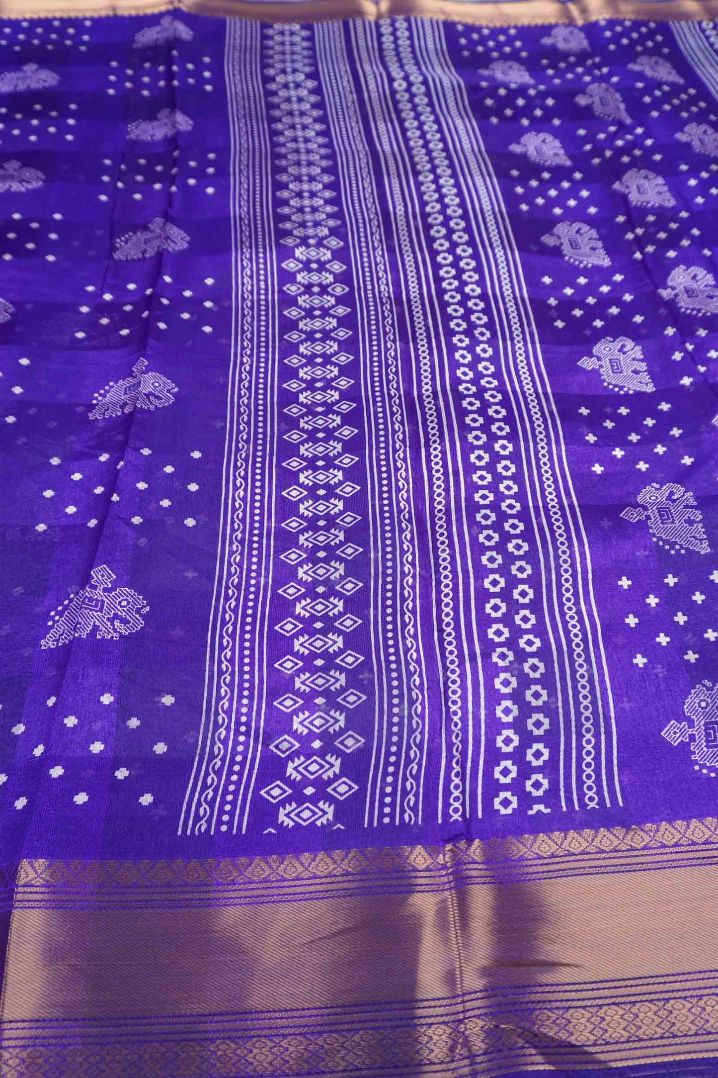 Royal Blue Elephant Prints Self Checks Zari Border Fancy Cotton Saree