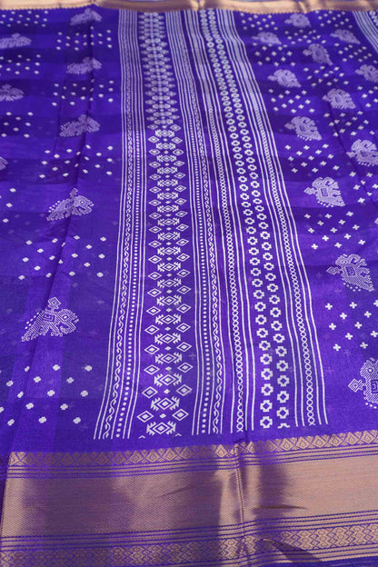 Royal Blue Elephant Prints Self Checks Zari Border Fancy Cotton Saree