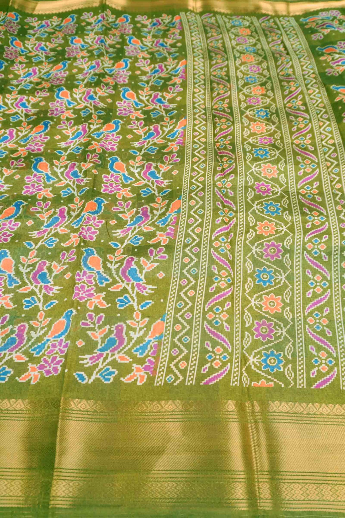 Parrot Green Chirpy Bird Digital Print Zari Border Fancy Cotton Saree