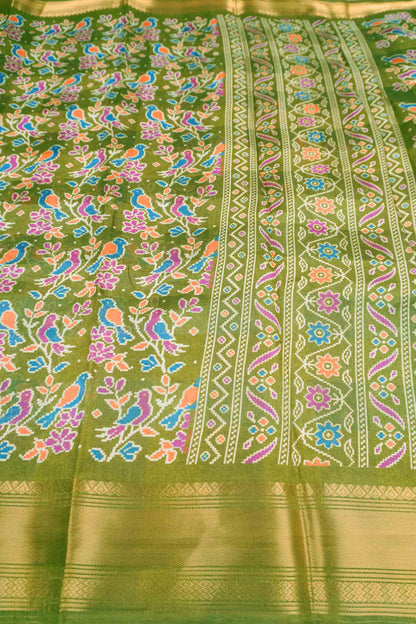 Parrot Green Chirpy Bird Digital Print Zari Border Fancy Cotton Saree