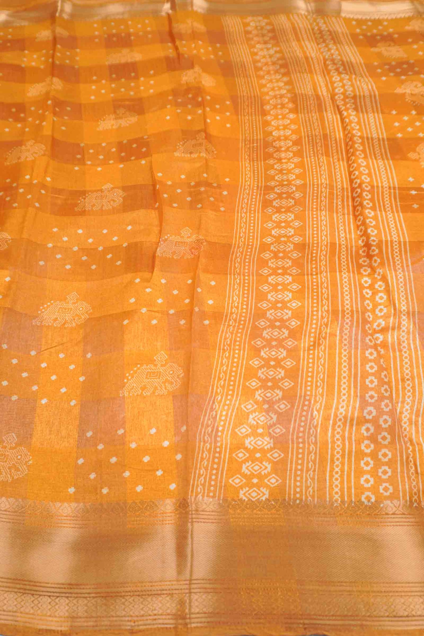 Yellow Self Checks Bandhini Style Prints Fancy Cotton Saree