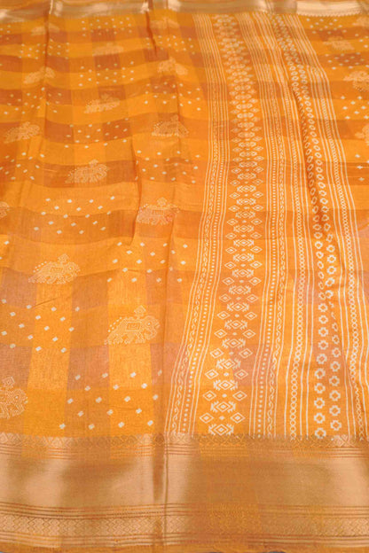 Yellow Self Checks Bandhini Style Prints Fancy Cotton Saree