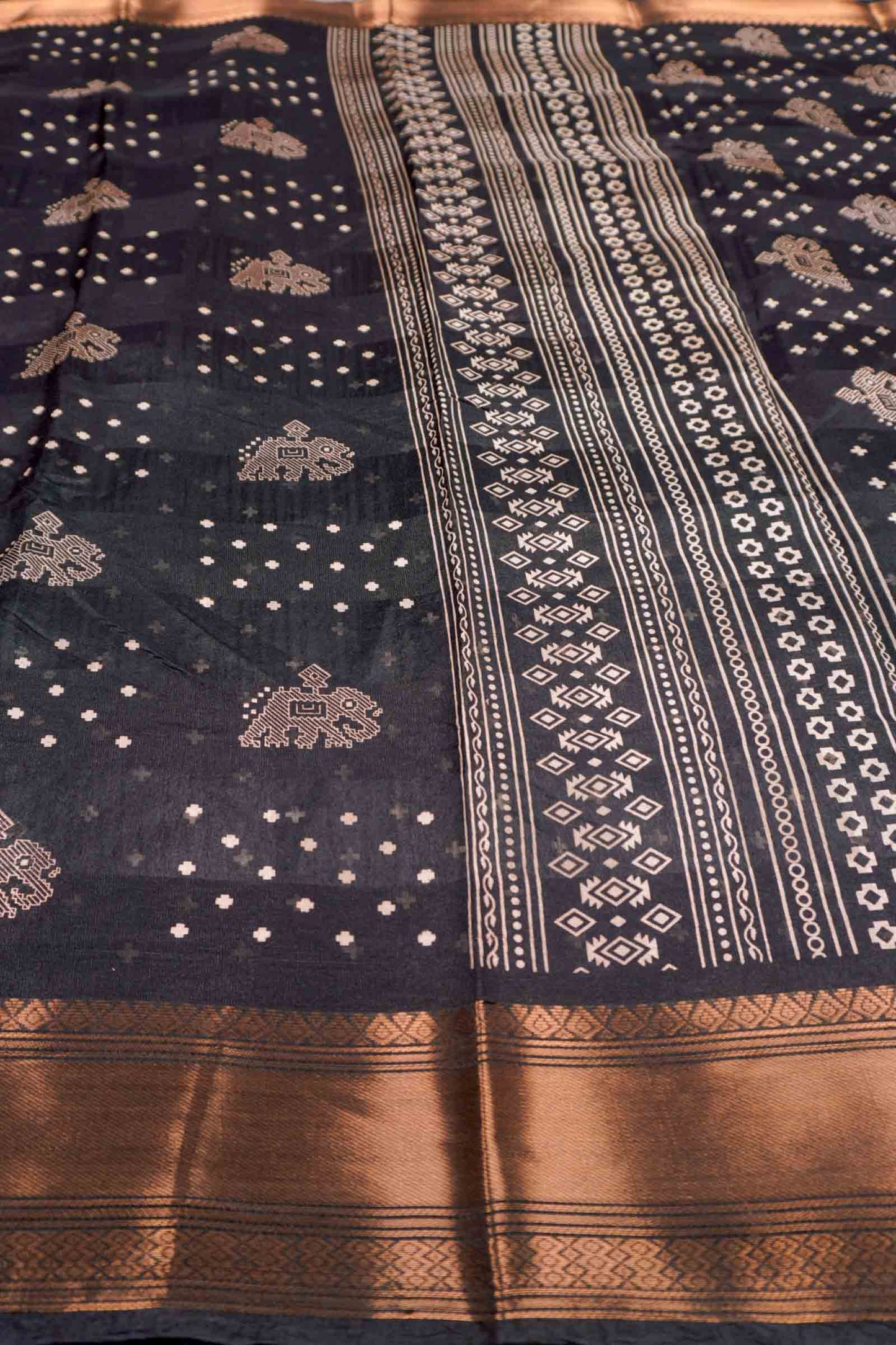 Black Hathi Prints Zari Border Fancy Cotton Saree