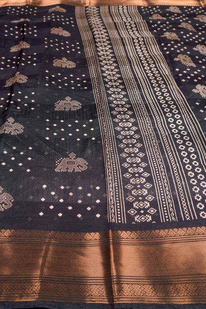 Black Hathi Prints Zari Border Fancy Cotton Saree