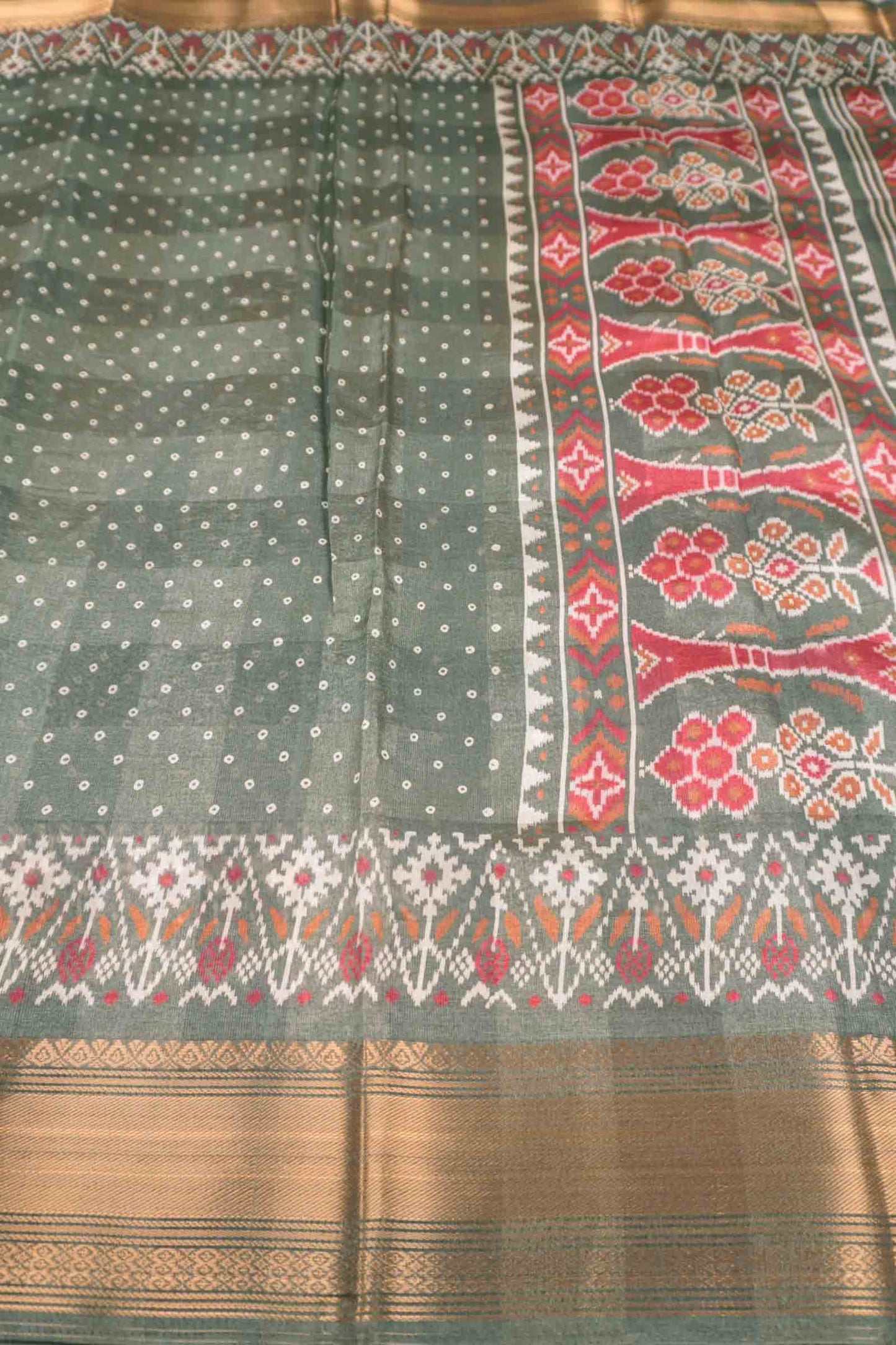 Grey Green Self Checks Bandhini Style Prints Fancy Cotton Saree