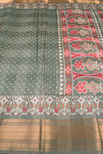Grey Green Self Checks Bandhini Style Prints Fancy Cotton Saree