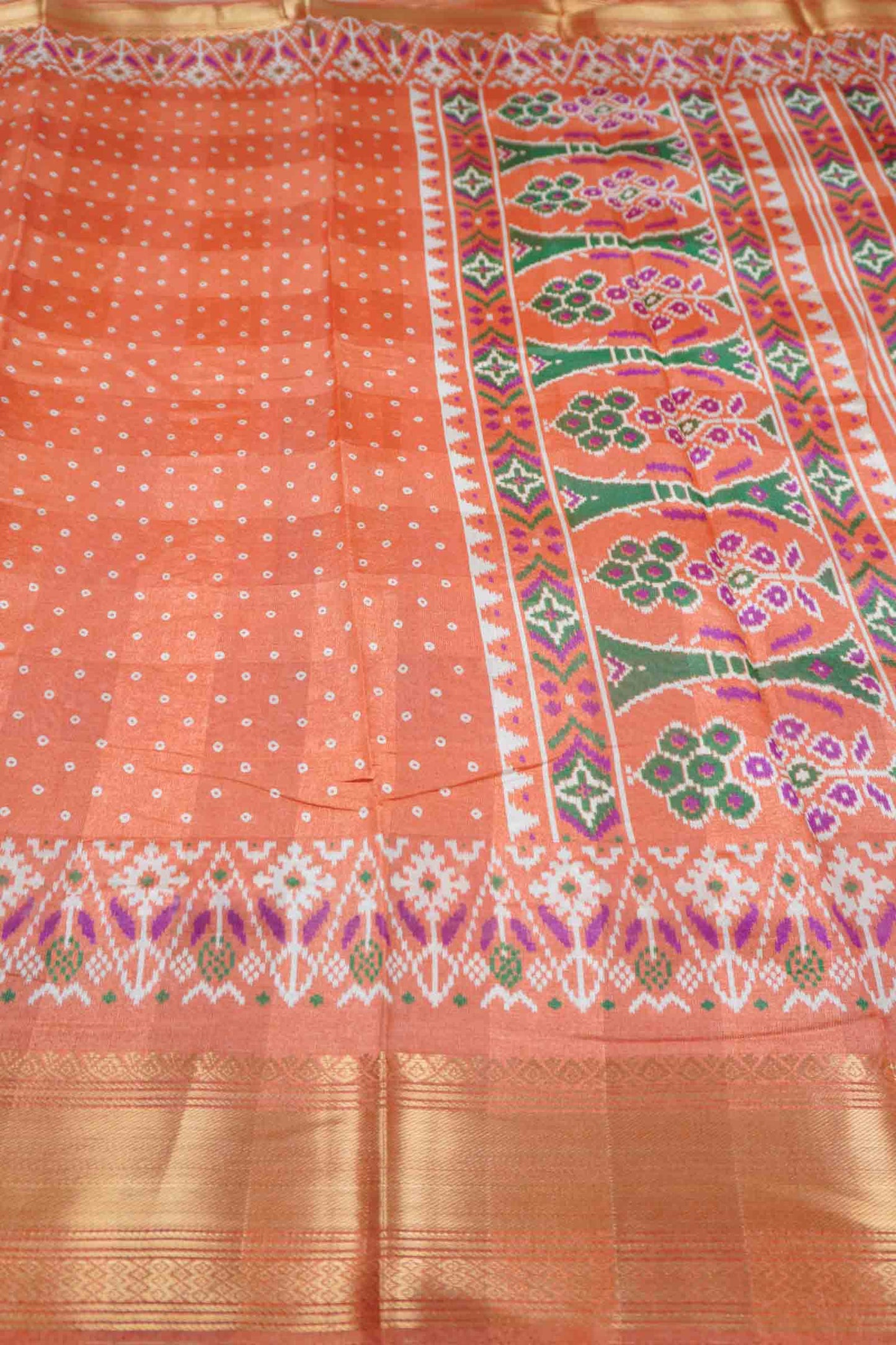 Orange Self Checks Bandhini Style Prints Fancy Cotton Saree