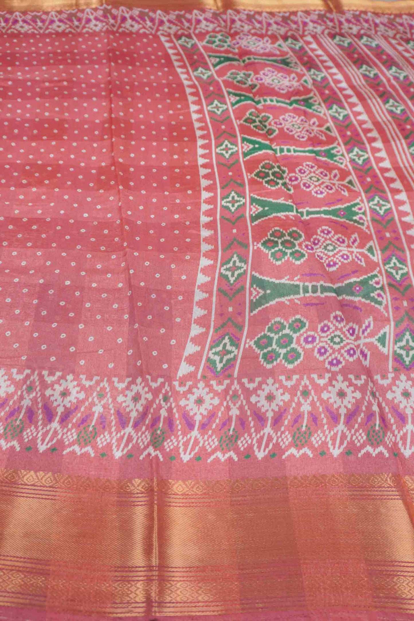 Rose Blush Self Checks Bandhini Style Prints Fancy Cotton Saree