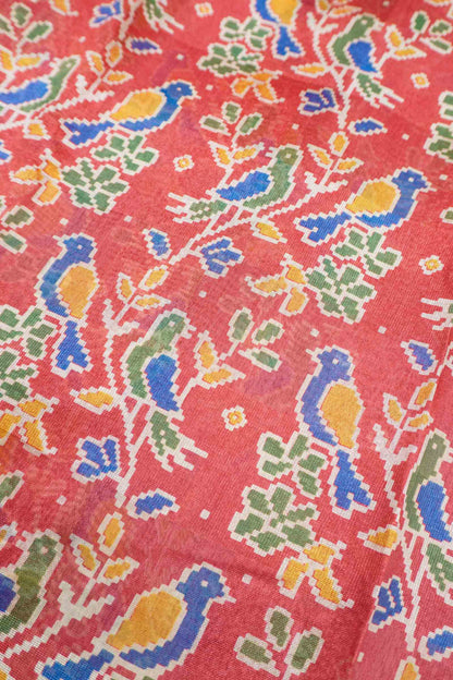 Red Chirpy Bird Digital Print Zari Border Fancy Cotton Saree