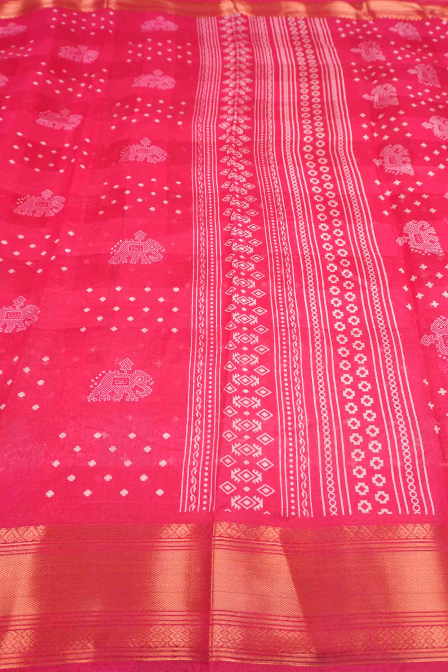 Hot Pink Elephant Prints Self Checks Zari Border Fancy Cotton Saree