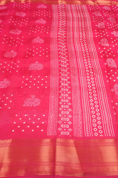 Hot Pink Elephant Prints Self Checks Zari Border Fancy Cotton Saree