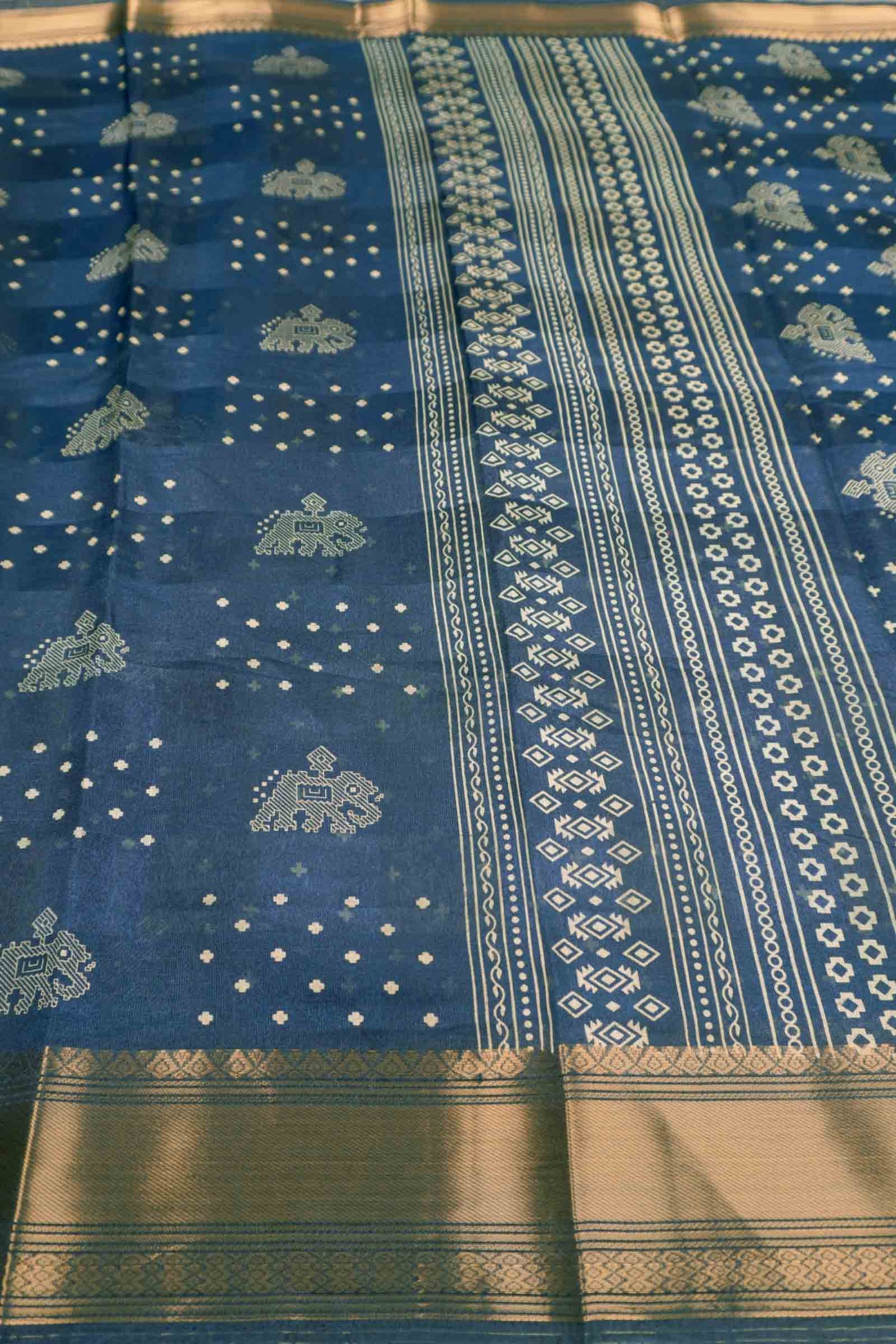 Navy Blue Elephant Prints Self Checks Zari Border Fancy Cotton Saree