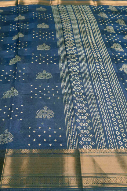 Navy Blue Elephant Prints Self Checks Zari Border Fancy Cotton Saree