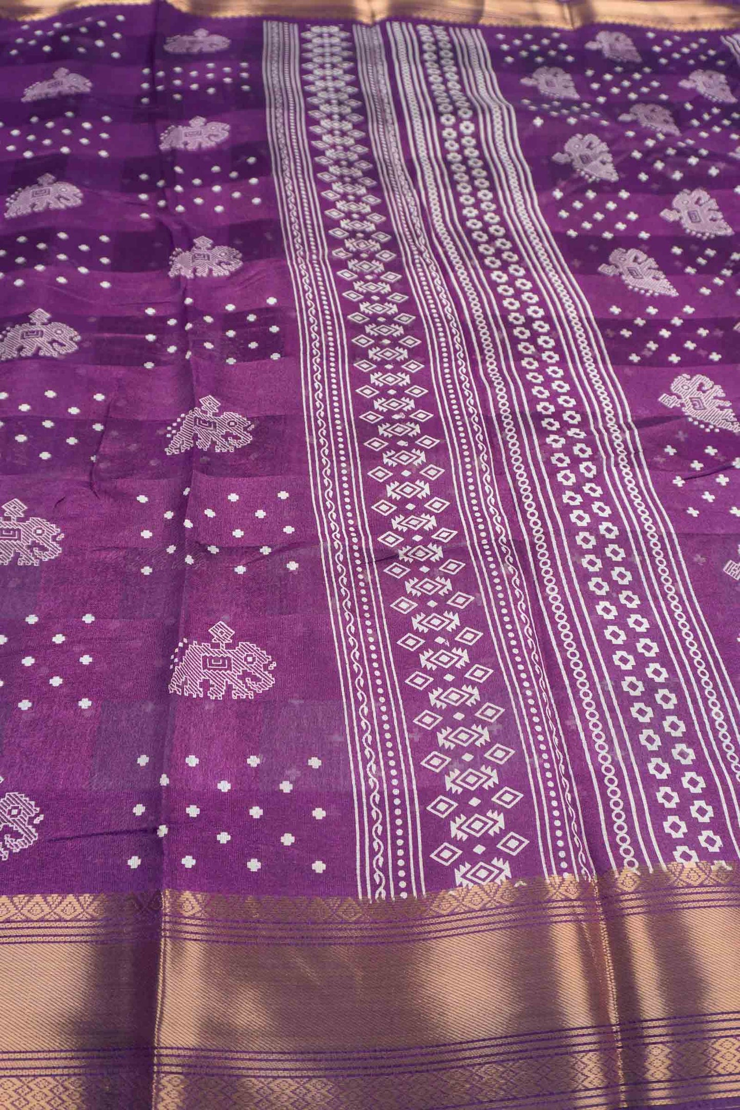 Dark Purple Elephant Prints Self Checks Zari Border Fancy Cotton Saree