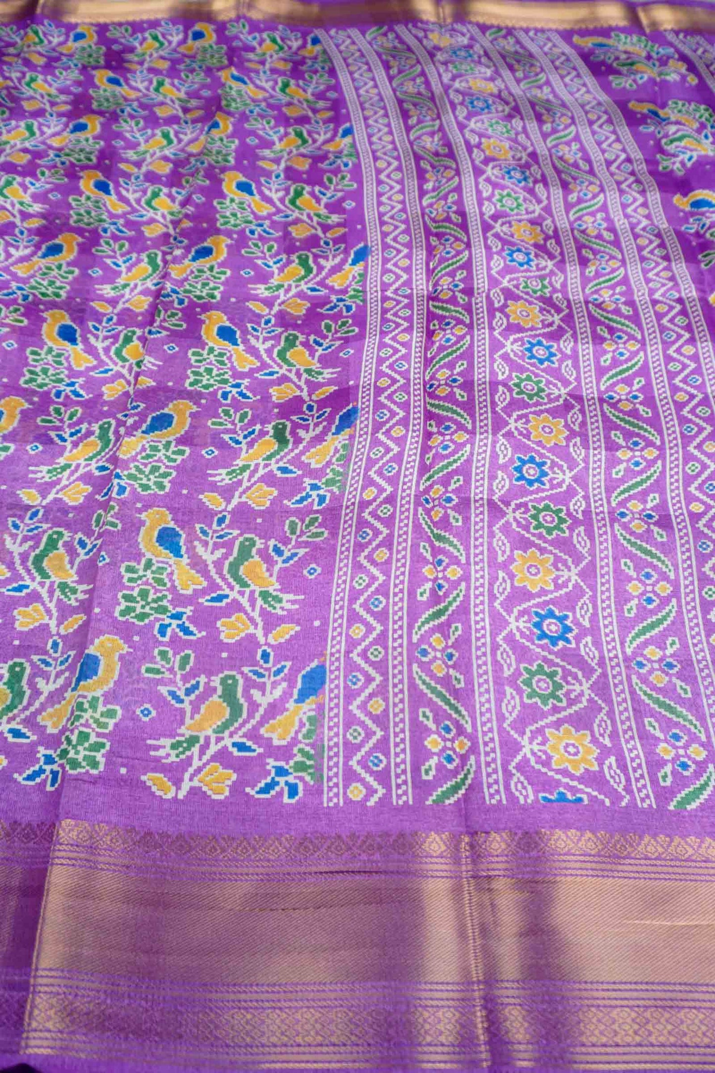 Dark Lavender Chirpy Bird Digital Print Zari Border Fancy Cotton Saree