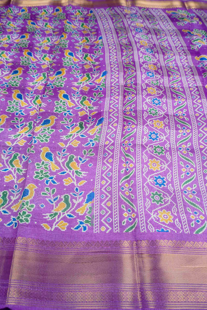 Dark Lavender Chirpy Bird Digital Print Zari Border Fancy Cotton Saree