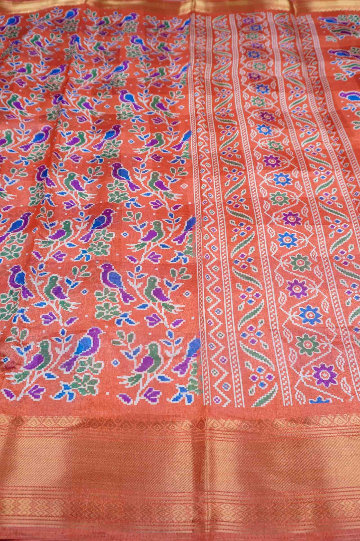 Orange Chirpy Bird Digital Print Zari Border Fancy Cotton Saree