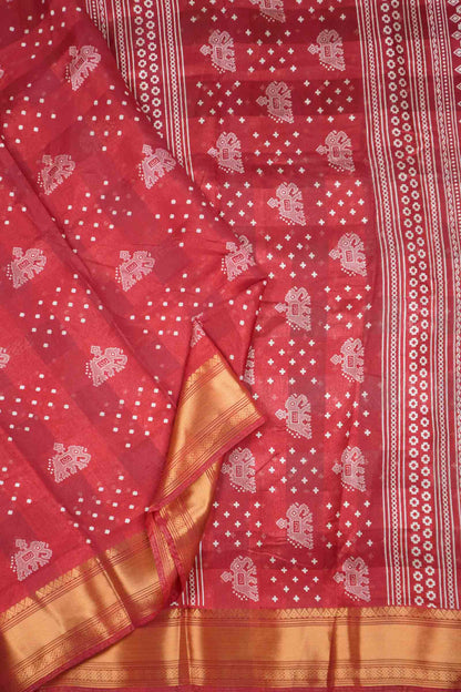 Maroon Elephant Prints Self Checks Zari Border Fancy Cotton Saree