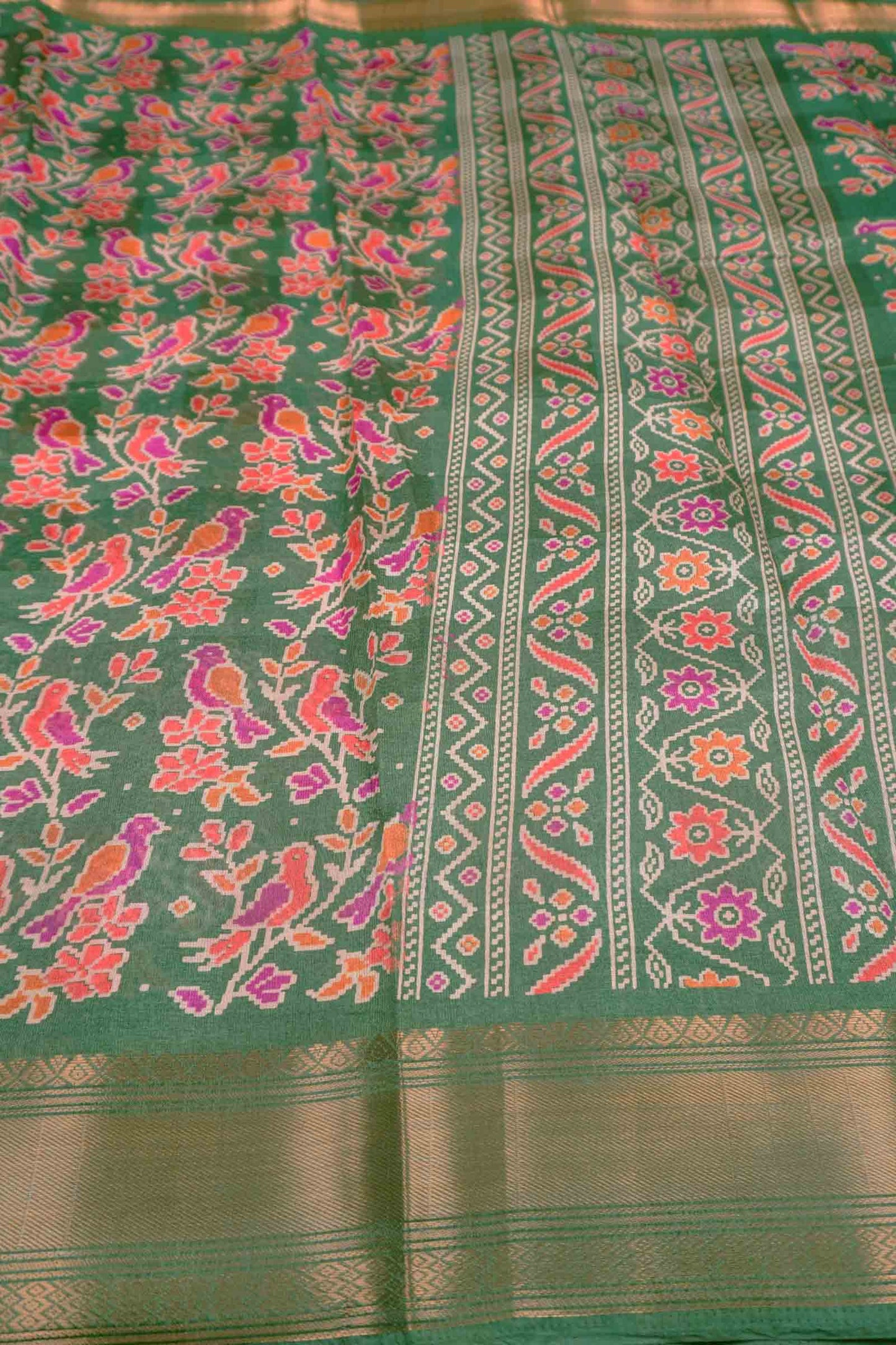 Green Chirpy Bird Digital Print Zari Border Fancy Cotton Saree
