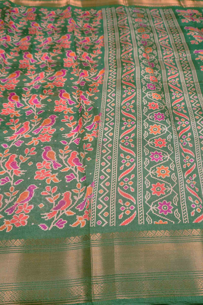 Green Chirpy Bird Digital Print Zari Border Fancy Cotton Saree