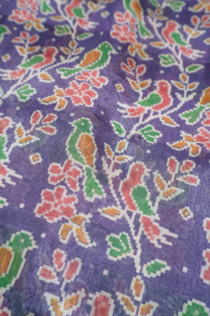 Violet Chirpy Bird Digital Print Zari Border Fancy Cotton Saree