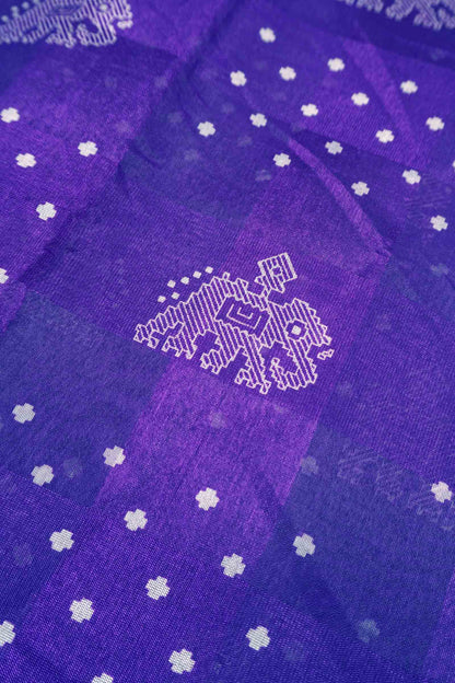 Royal Blue Elephant Prints Self Checks Zari Border Fancy Cotton Saree