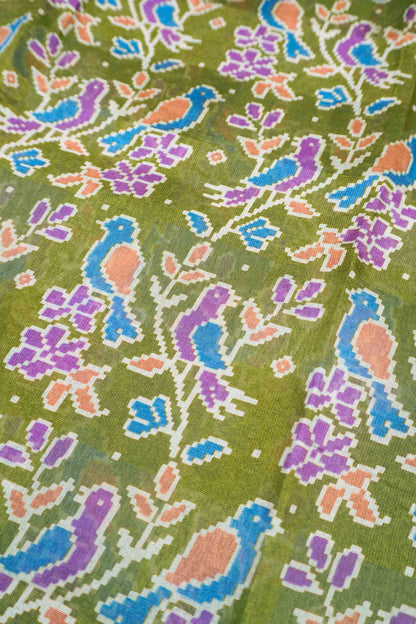 Parrot Green Chirpy Bird Digital Print Zari Border Fancy Cotton Saree