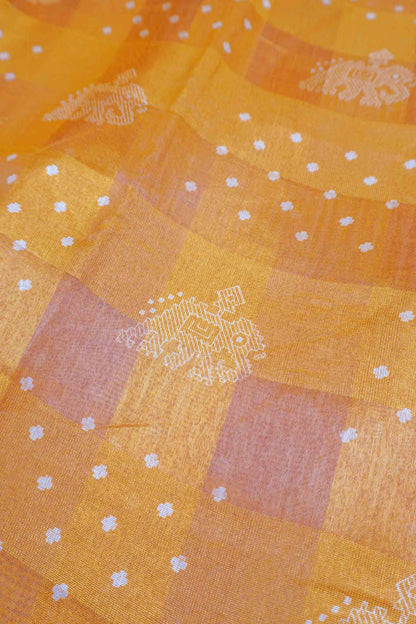 Yellow Self Checks Bandhini Style Prints Fancy Cotton Saree