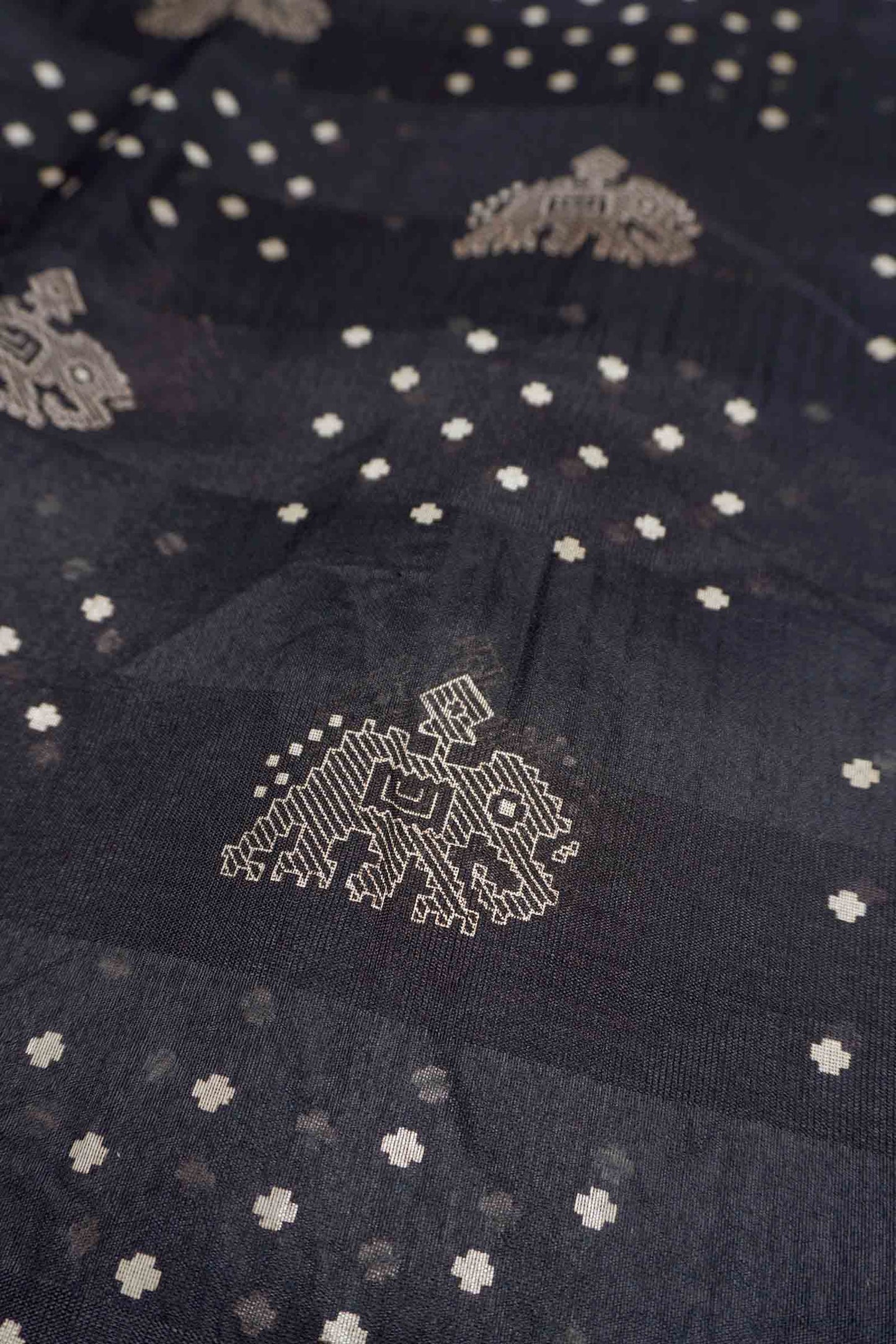 Black Hathi Prints Zari Border Fancy Cotton Saree