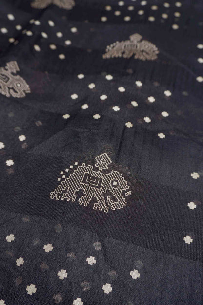 Black Hathi Prints Zari Border Fancy Cotton Saree