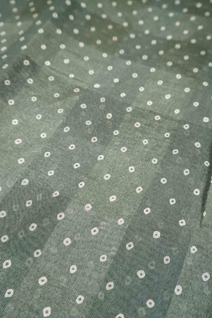 Grey Green Self Checks Bandhini Style Prints Fancy Cotton Saree