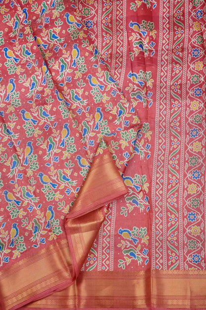 Red Chirpy Bird Digital Print Zari Border Fancy Cotton Saree