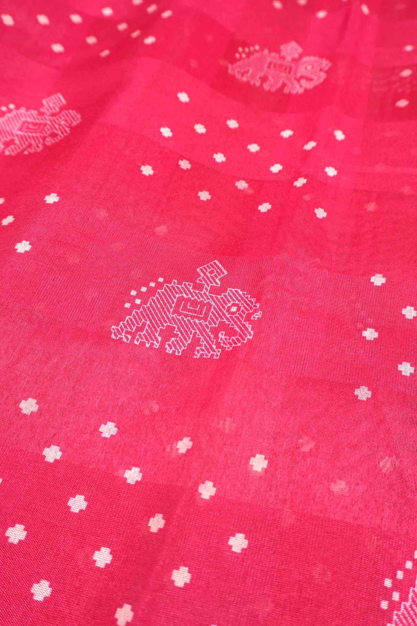 Hot Pink Elephant Prints Self Checks Zari Border Fancy Cotton Saree