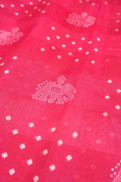 Hot Pink Elephant Prints Self Checks Zari Border Fancy Cotton Saree