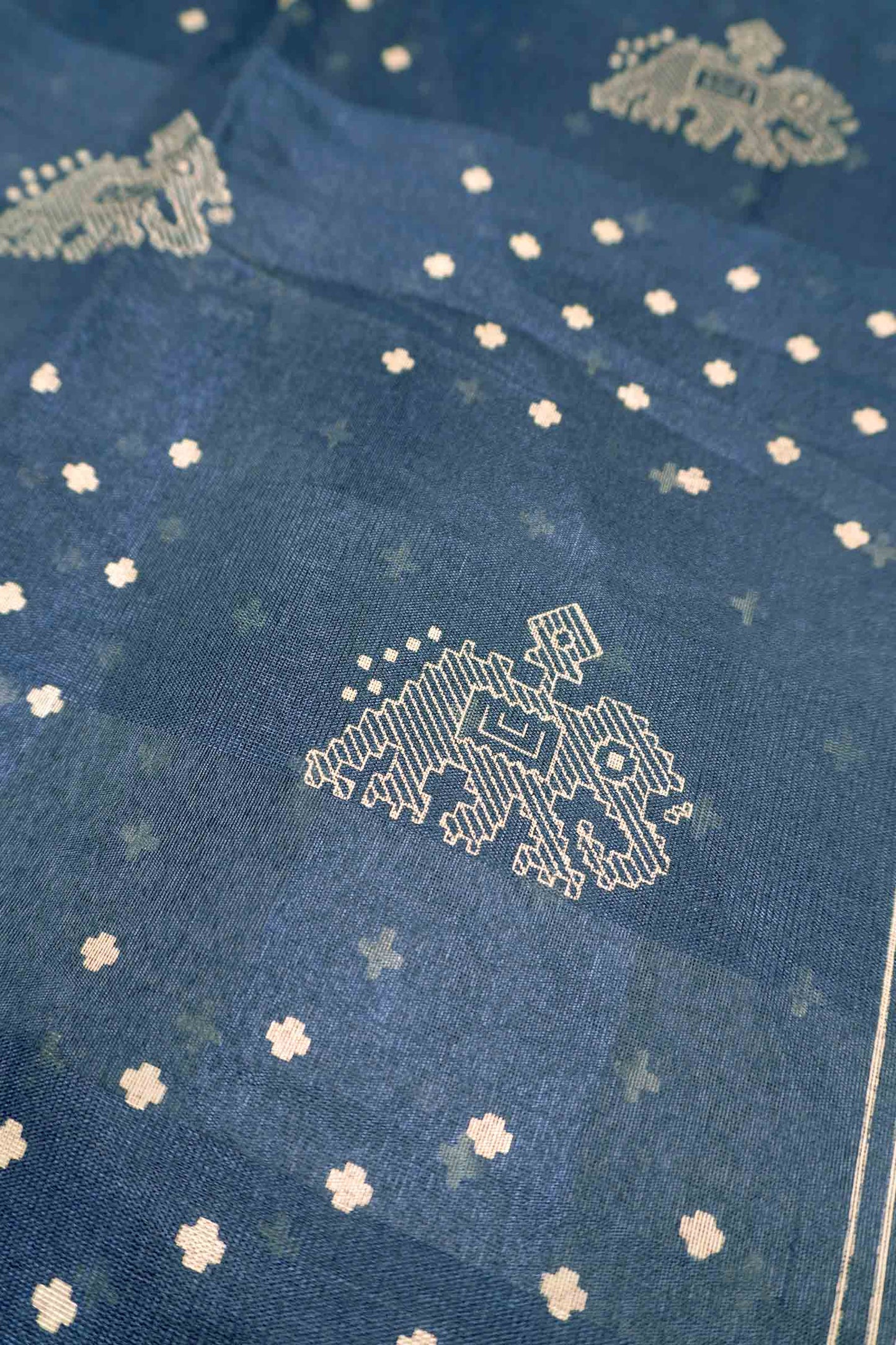 Navy Blue Elephant Prints Self Checks Zari Border Fancy Cotton Saree