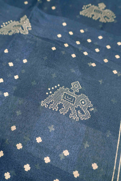 Navy Blue Elephant Prints Self Checks Zari Border Fancy Cotton Saree