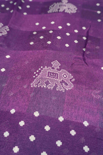 Dark Purple Elephant Prints Self Checks Zari Border Fancy Cotton Saree