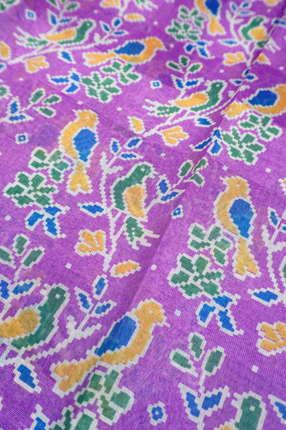 Dark Lavender Chirpy Bird Digital Print Zari Border Fancy Cotton Saree