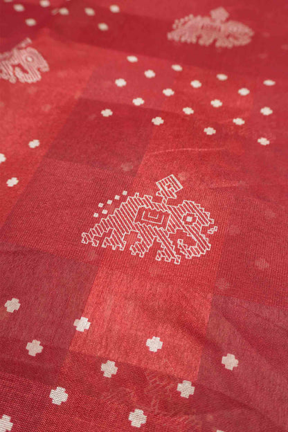 Maroon Elephant Prints Self Checks Zari Border Fancy Cotton Saree