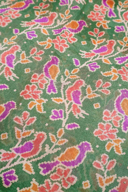 Green Chirpy Bird Digital Print Zari Border Fancy Cotton Saree