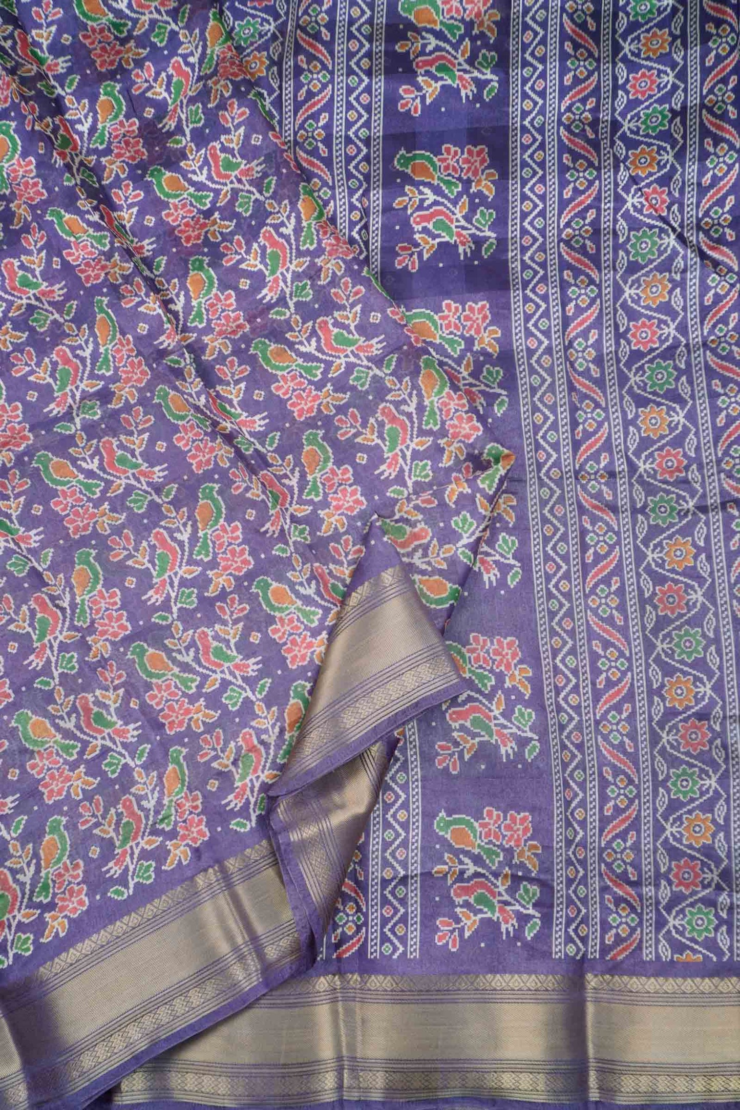Violet Chirpy Bird Digital Print Zari Border Fancy Cotton Saree