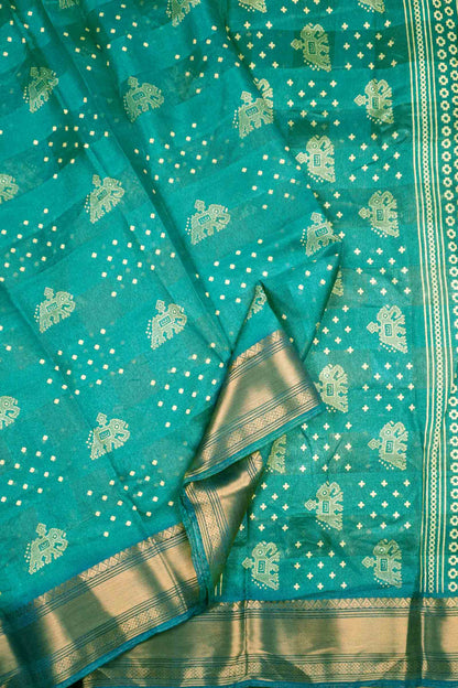 Green Elephant Prints Self Checks Zari Border Fancy Cotton Saree