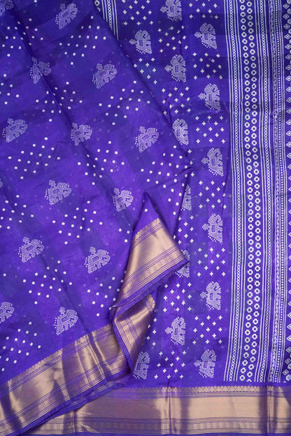 Royal Blue Elephant Prints Self Checks Zari Border Fancy Cotton Saree
