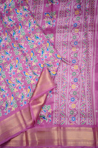 Lilac Chirpy Bird Digital Print Zari Border Fancy Cotton Saree