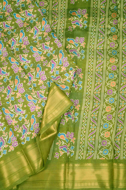 Parrot Green Chirpy Bird Digital Print Zari Border Fancy Cotton Saree