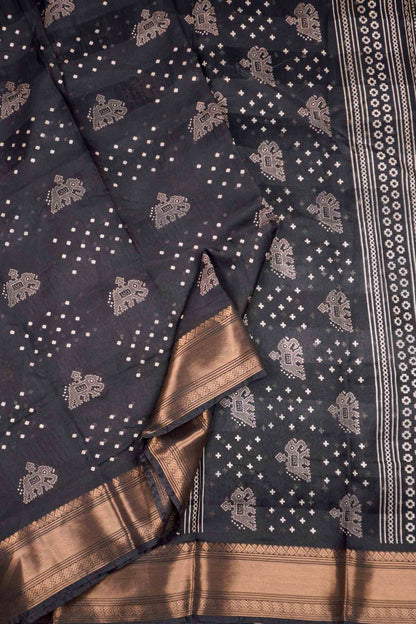 Black Hathi Prints Zari Border Fancy Cotton Saree