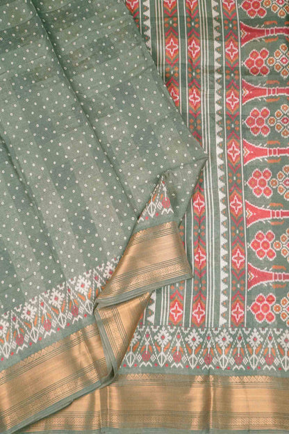 Grey Green Self Checks Bandhini Style Prints Fancy Cotton Saree