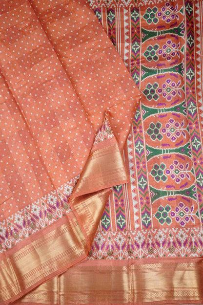 Orange Self Checks Bandhini Style Prints Fancy Cotton Saree