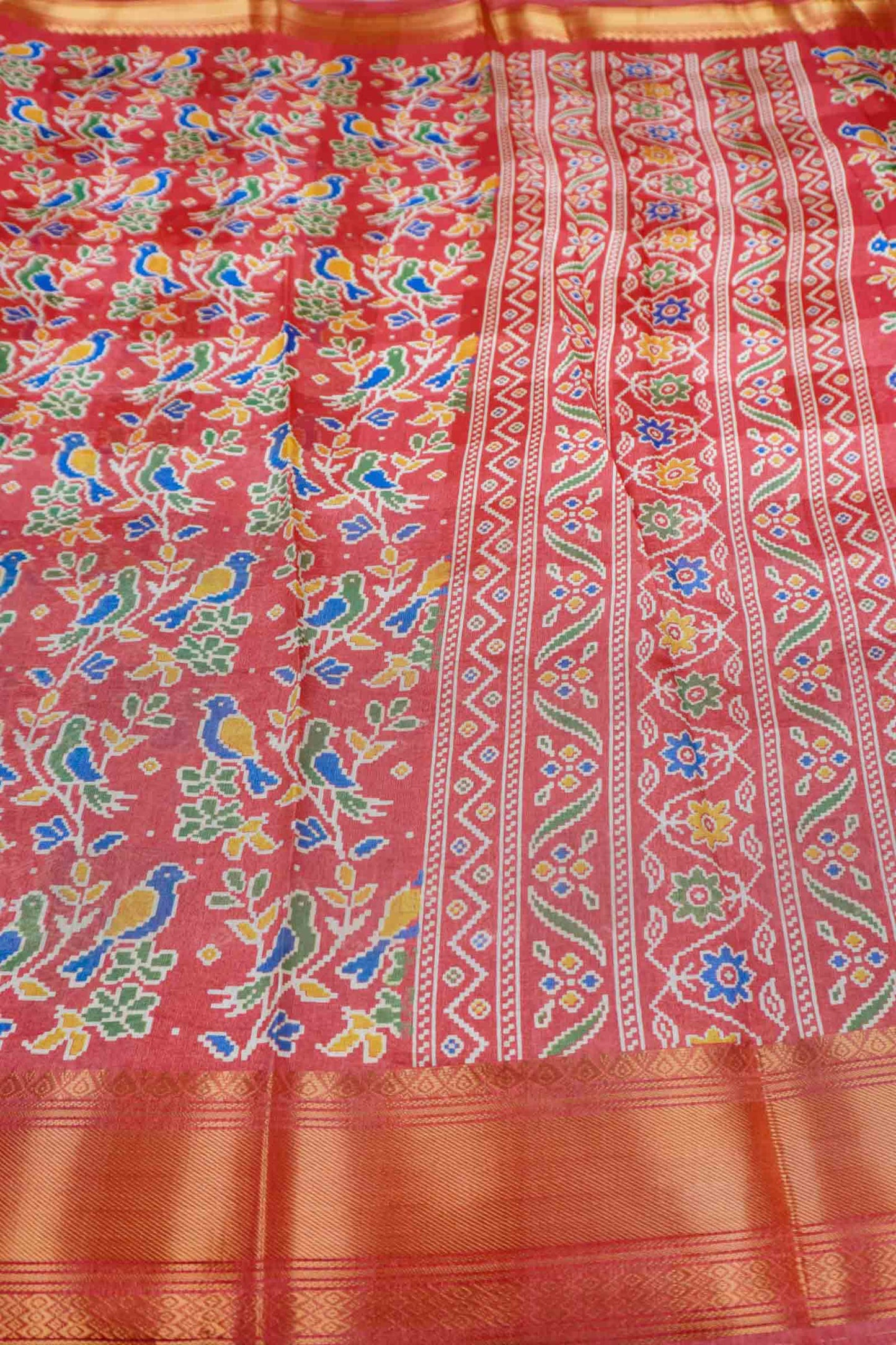 Red Chirpy Bird Digital Print Zari Border Fancy Cotton Saree